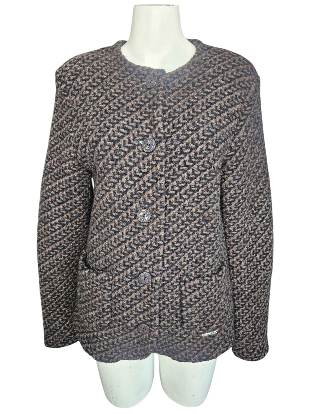Geiger Boiled Wool Cardigan Jacket EU 44 US 12 Brown Gray Textured Knit Austrian